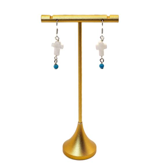 Mother of Pearl Shell Cross Earrings Turquoise Sterling Silver Dangle Drop New - Picture 2 of 6